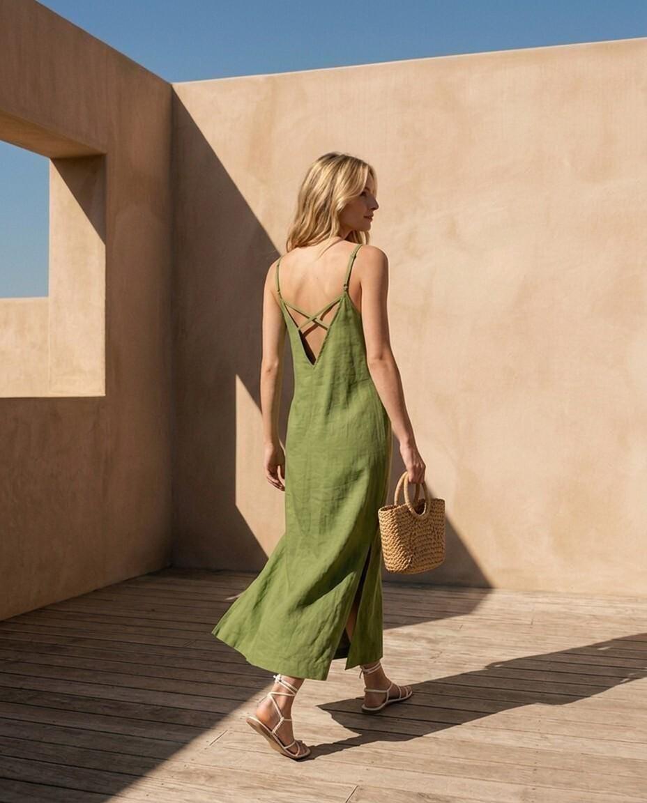 Sage Green Linen Spaghetti Strap Maxi Dress - Image 5
