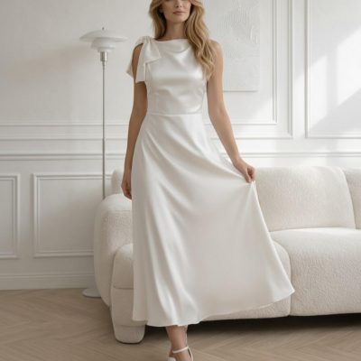 White Satin One Shoulder Midi Dress