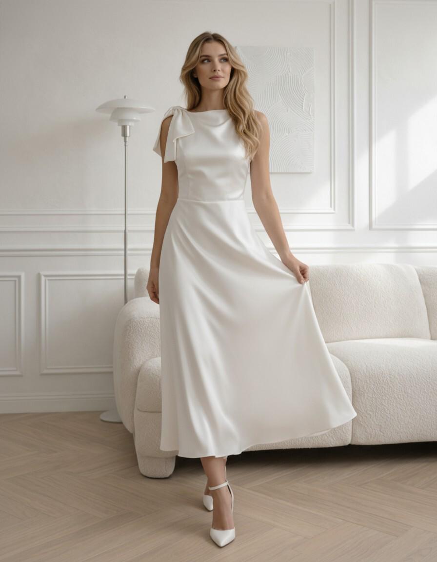 White Satin One Shoulder Midi Dress