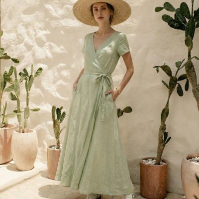 Soft Sage Green Linen Wrap Maxi Dress