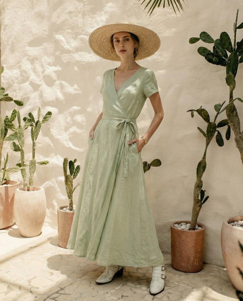 Soft Sage Green Linen Wrap Maxi Dress