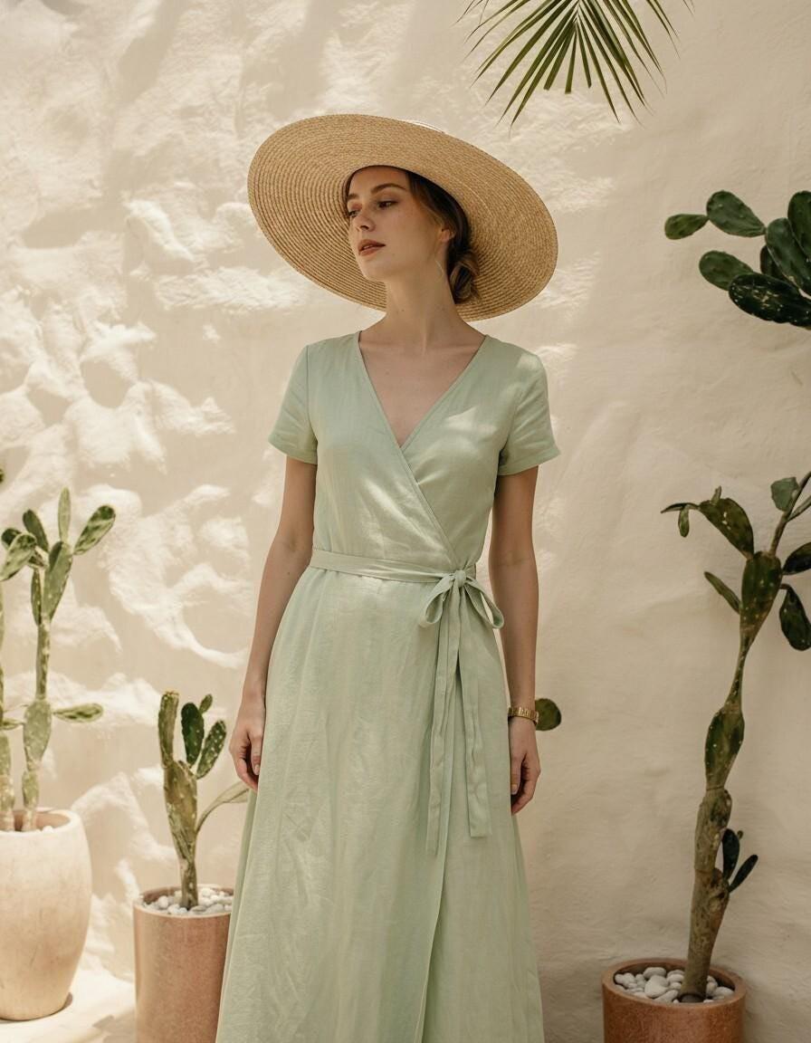 Soft Sage Green Linen Wrap Maxi Dress - Image 3
