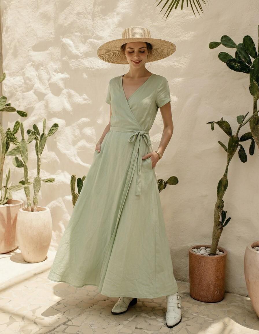 Soft Sage Green Linen Wrap Maxi Dress - Image 4