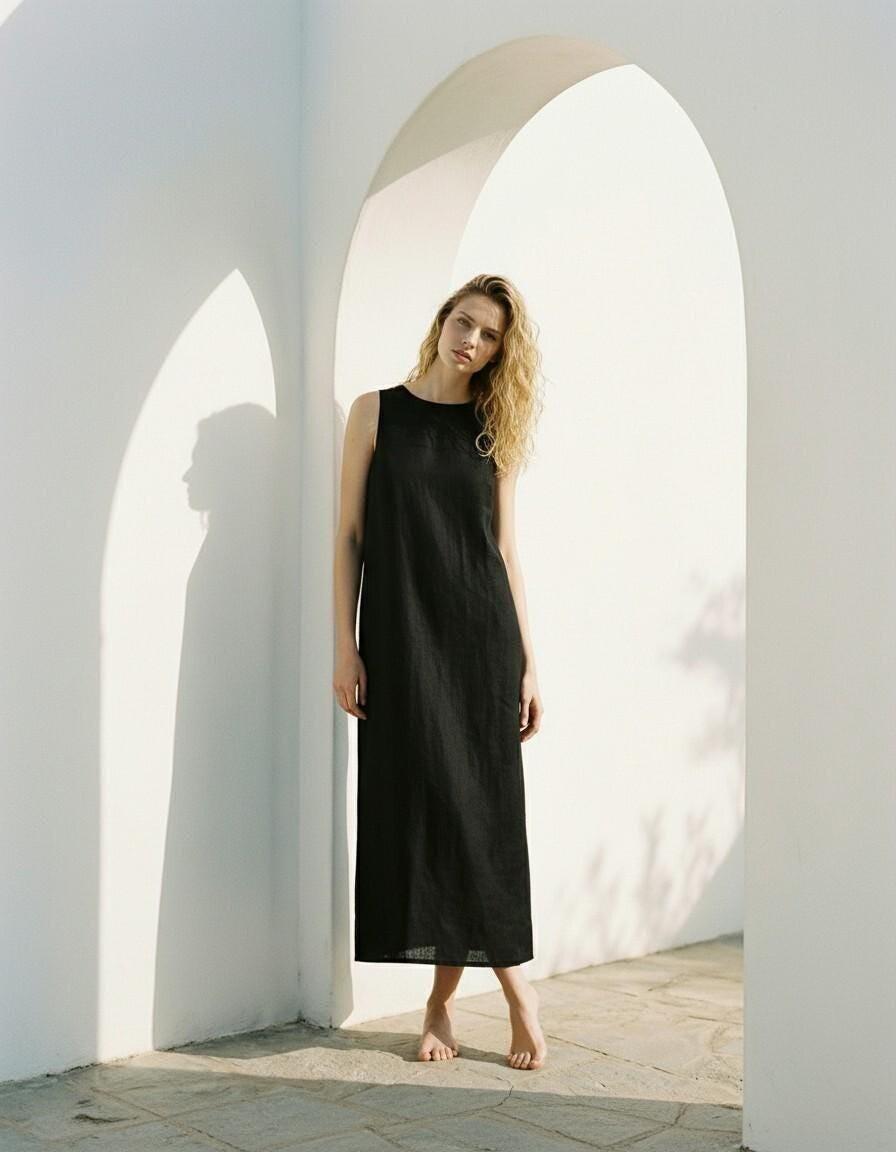 Black Linen Sleeveless Maxi Dress