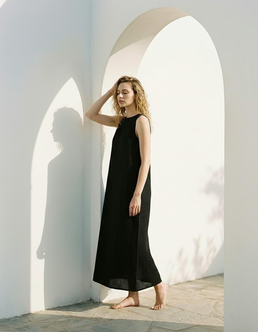 Black Linen Sleeveless Maxi Dress - Image 2