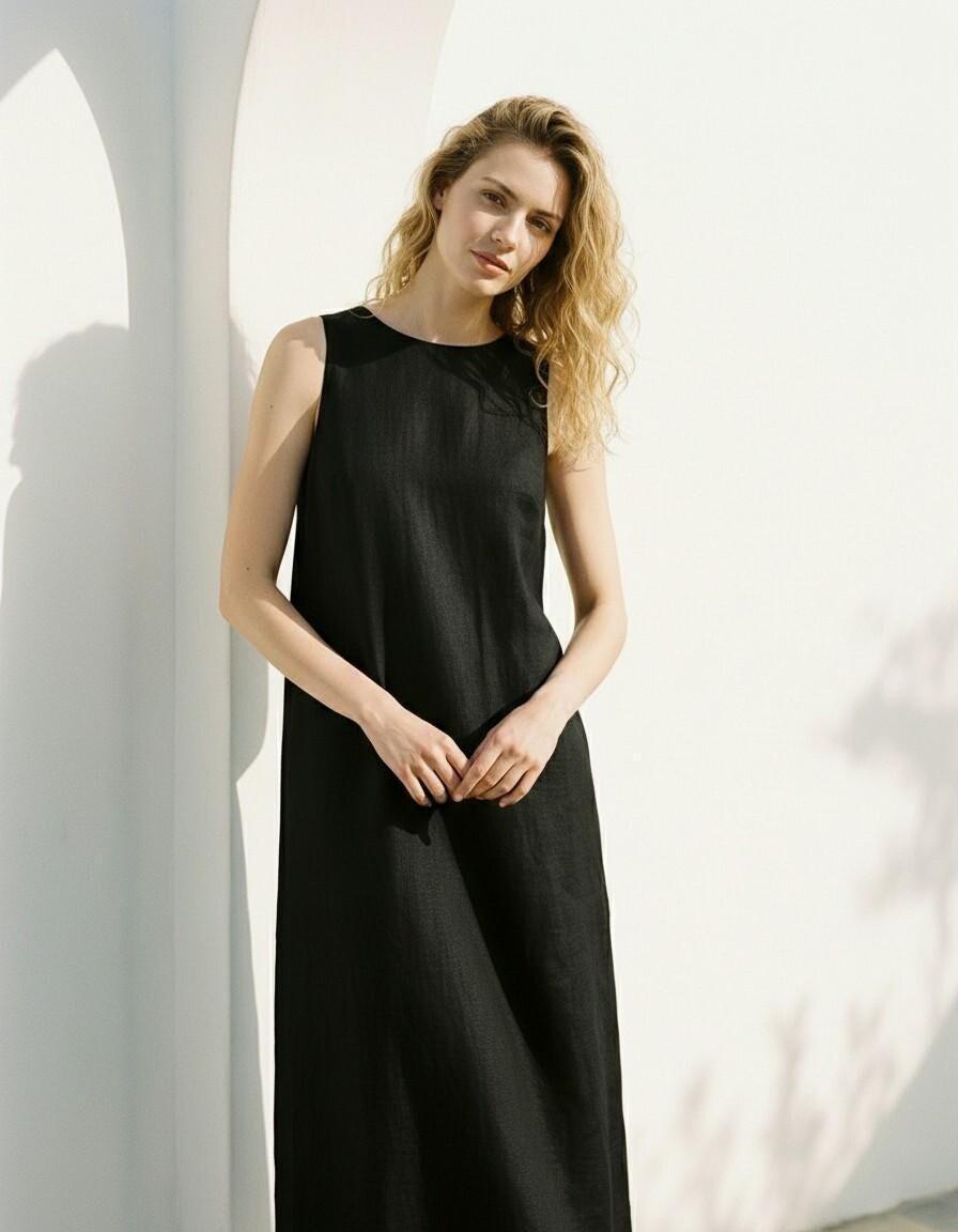 Black Linen Sleeveless Maxi Dress - Image 3