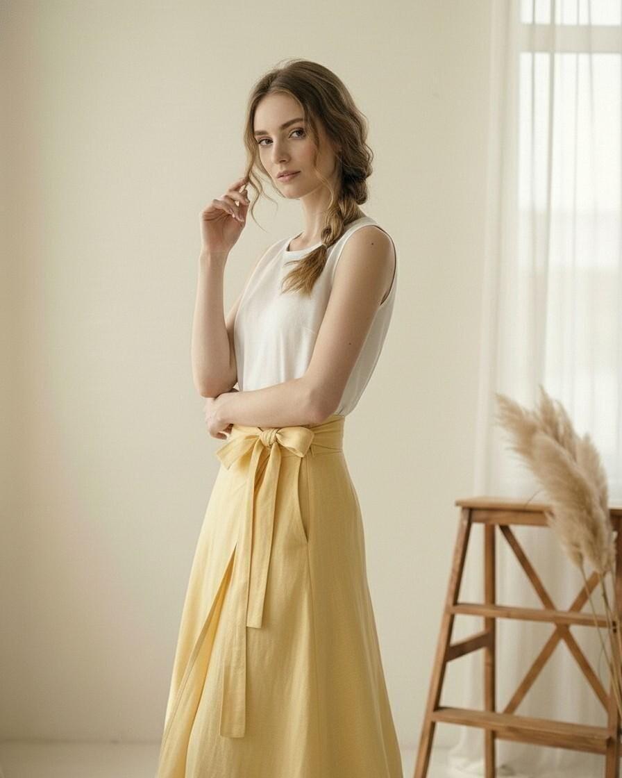 White Linen Sleeveless Top and Yellow Wrap Maxi Skirt Set - Image 3