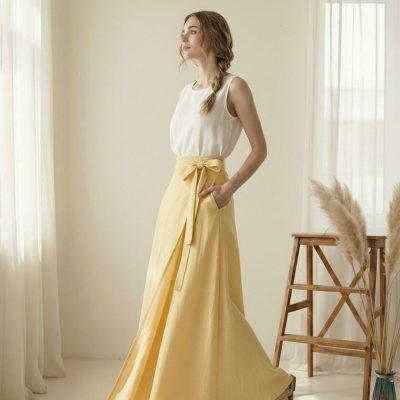 White Linen Sleeveless Top and Yellow Wrap Maxi Skirt Set