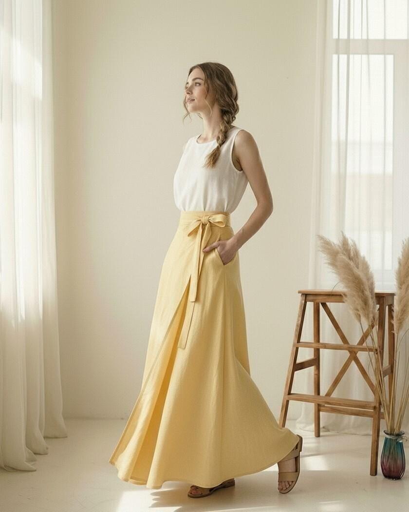 White Linen Sleeveless Top and Yellow Wrap Maxi Skirt Set