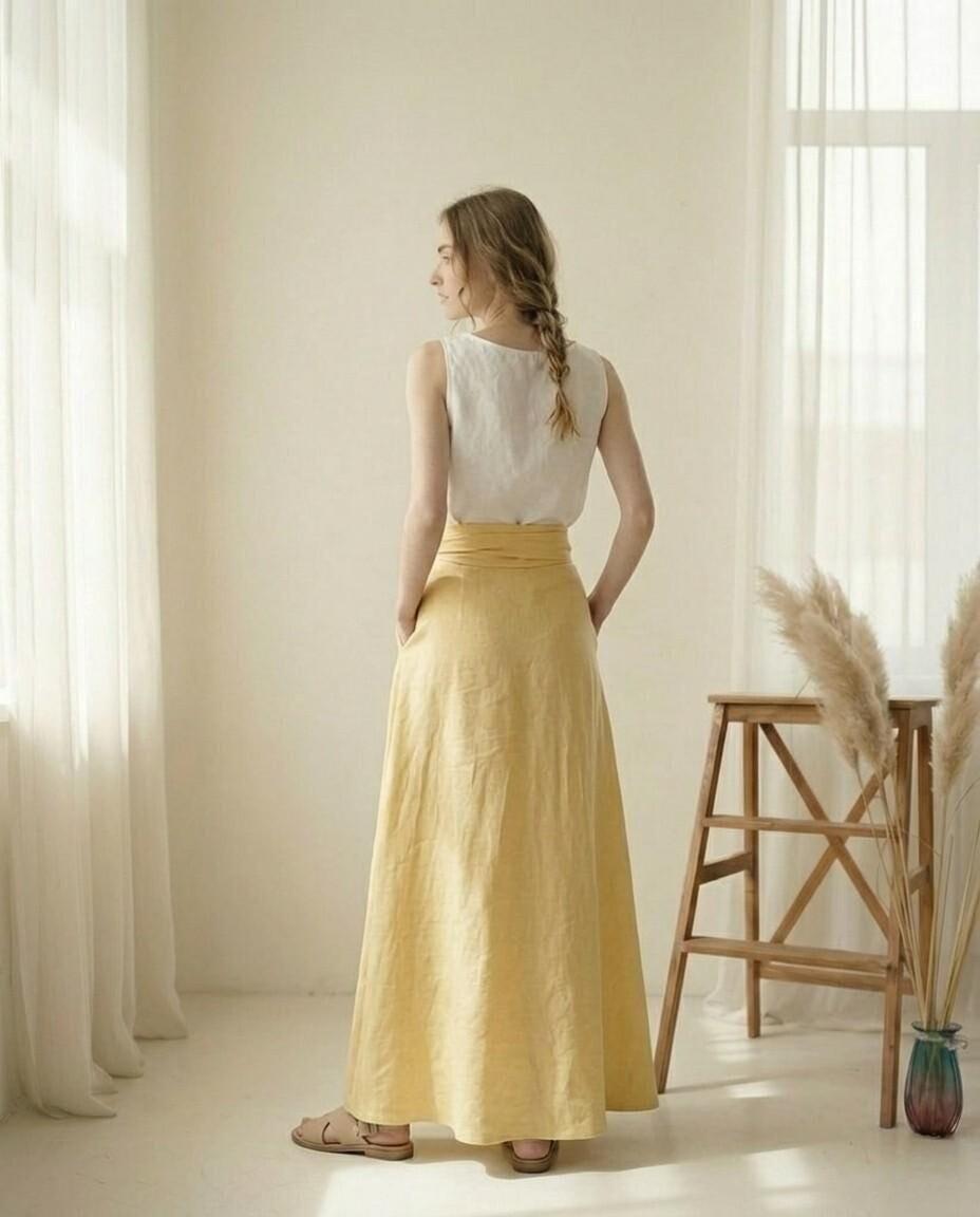 White Linen Sleeveless Top and Yellow Wrap Maxi Skirt Set - Image 4