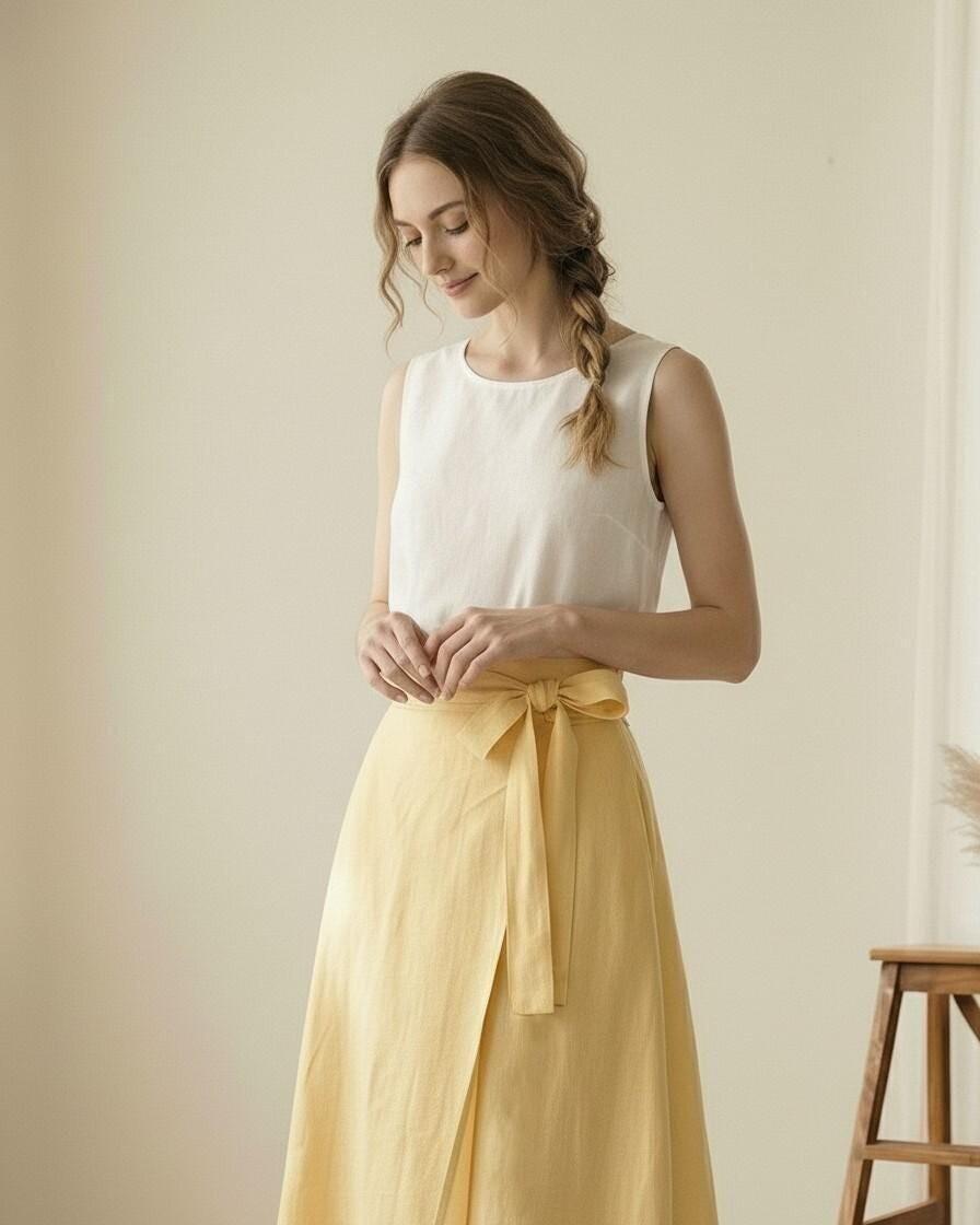 White Linen Sleeveless Top and Yellow Wrap Maxi Skirt Set - Image 2