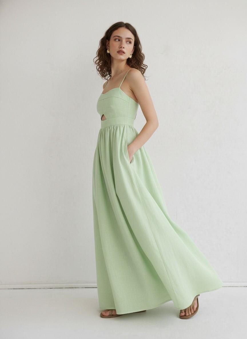 Mint Green Linen Cutout Maxi Dress
