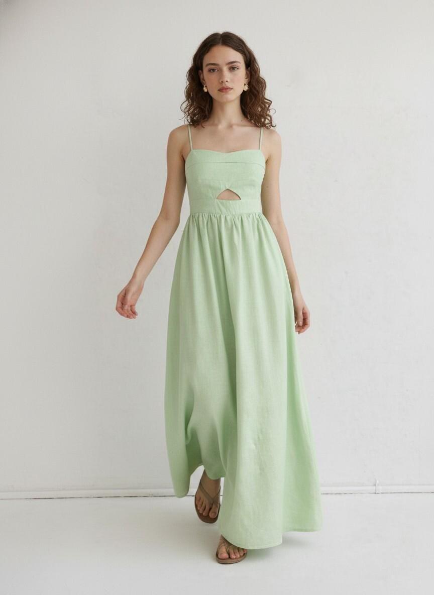 Mint Green Linen Cutout Maxi Dress - Image 3