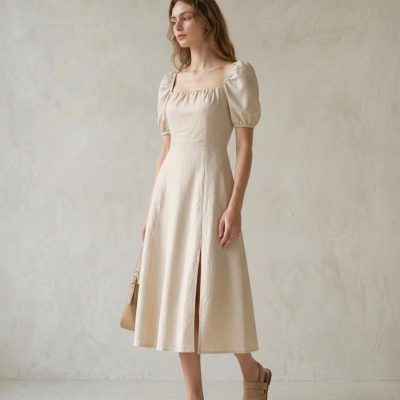 Cream Linen Puff Sleeve Midi Dress