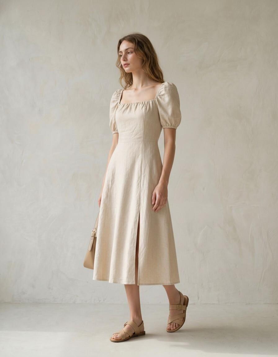 Cream Linen Puff Sleeve Midi Dress