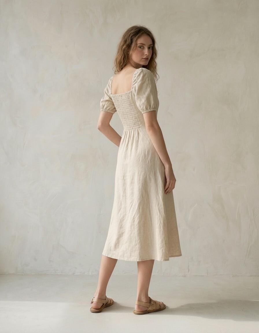 Cream Linen Puff Sleeve Midi Dress - Image 2