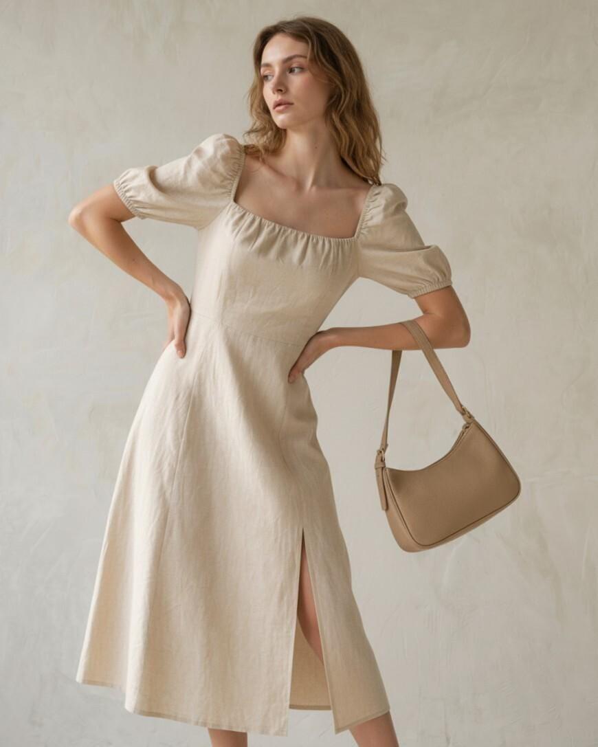 Cream Linen Puff Sleeve Midi Dress - Image 3