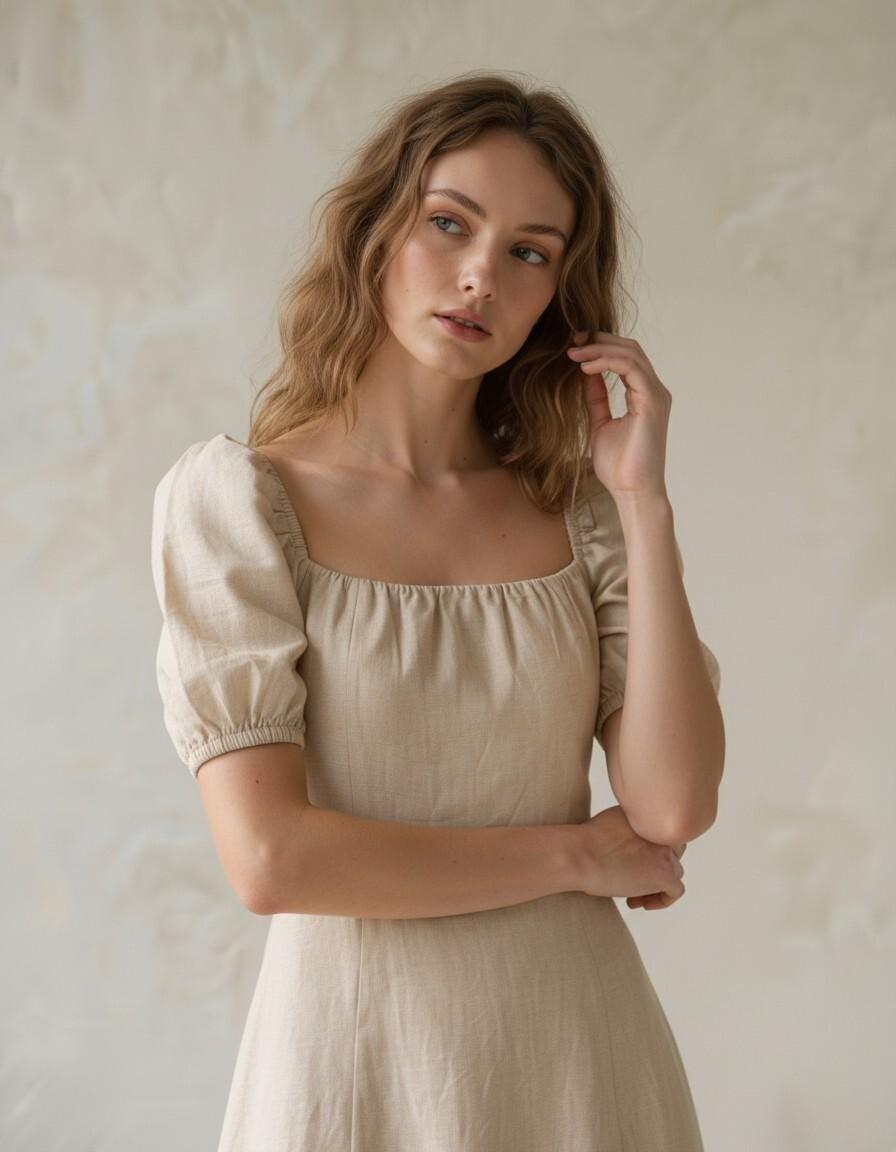 Cream Linen Puff Sleeve Midi Dress - Image 4
