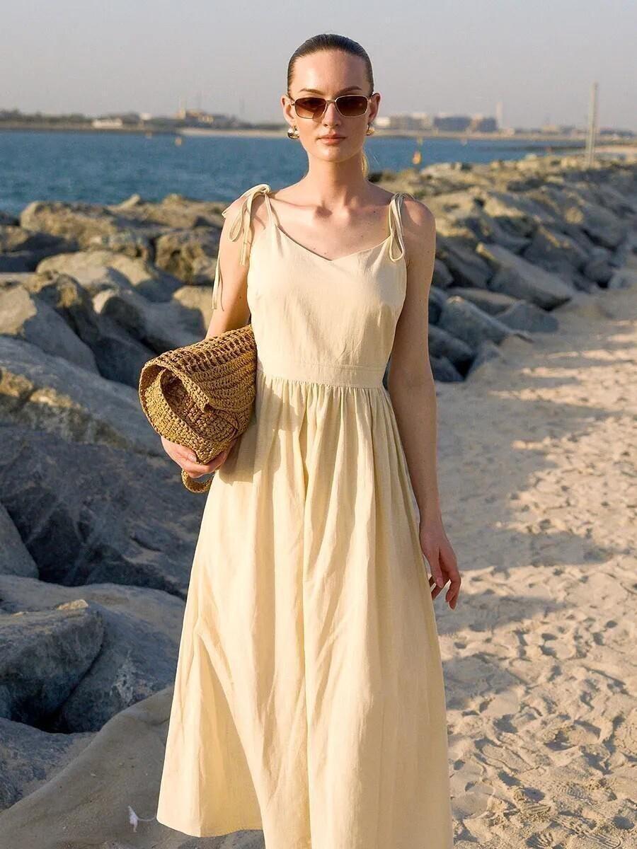 Natural Beige Linen Spaghetti Strap Maxi Dress