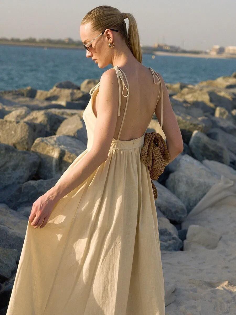Natural Beige Linen Spaghetti Strap Maxi Dress - Image 4