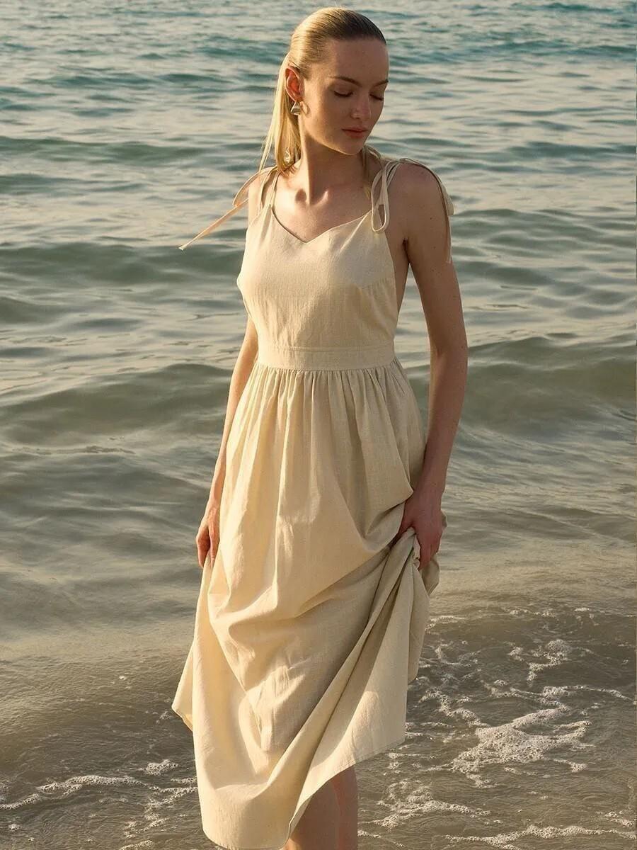 Natural Beige Linen Spaghetti Strap Maxi Dress - Image 3