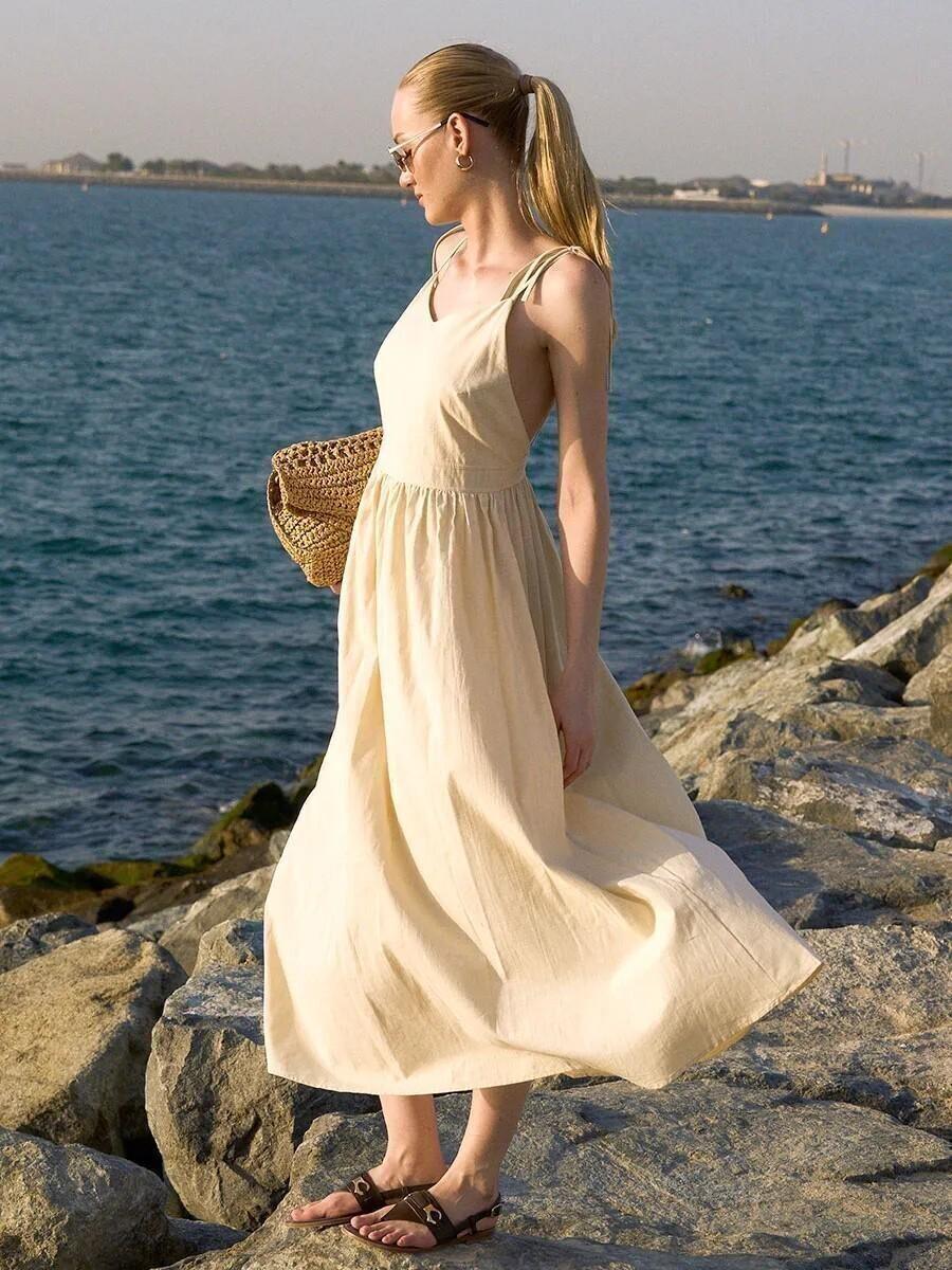 Natural Beige Linen Spaghetti Strap Maxi Dress - Image 2
