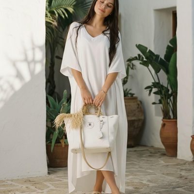White Linen Kaftan Maxi Dress,