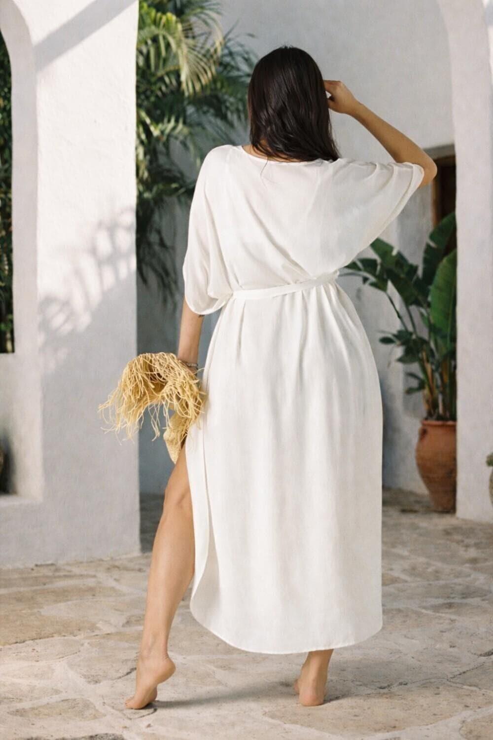 White Linen Kaftan Maxi Dress, - Image 3