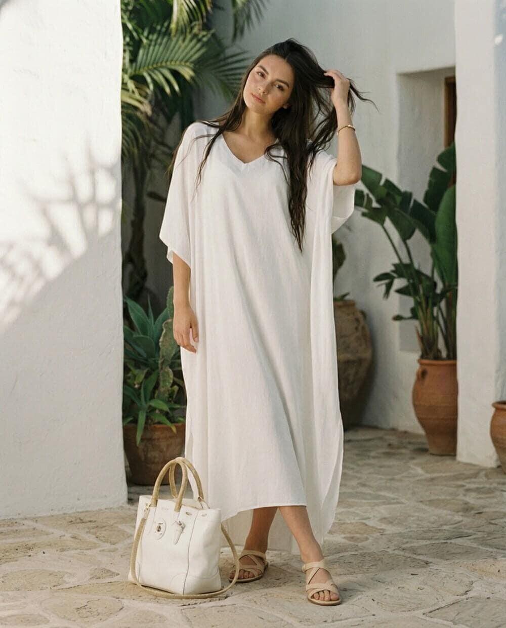 White Linen Kaftan Maxi Dress, - Image 5