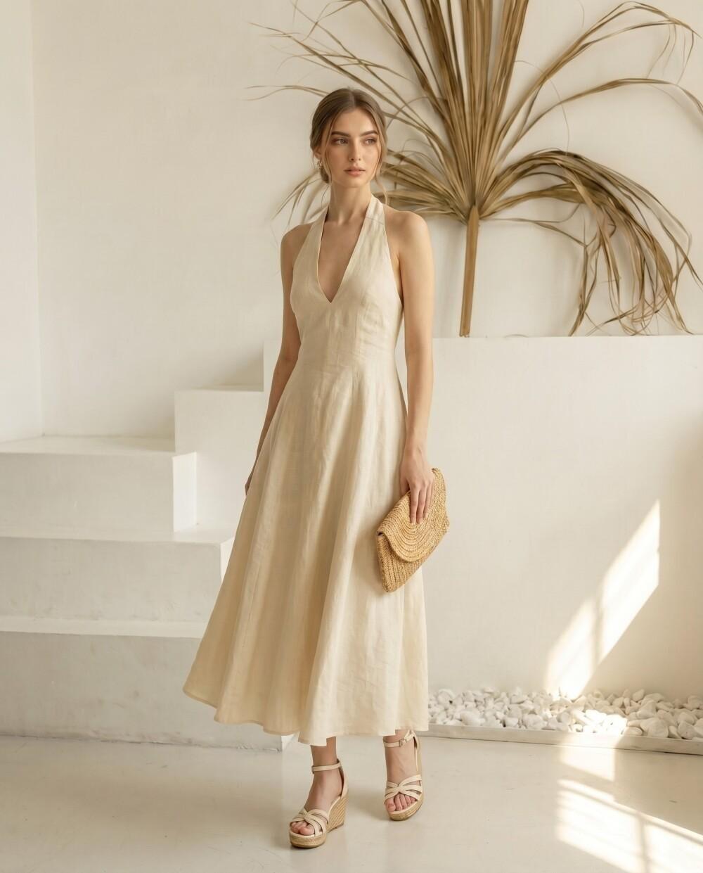 Natural Beige Linen Halter Maxi Dress