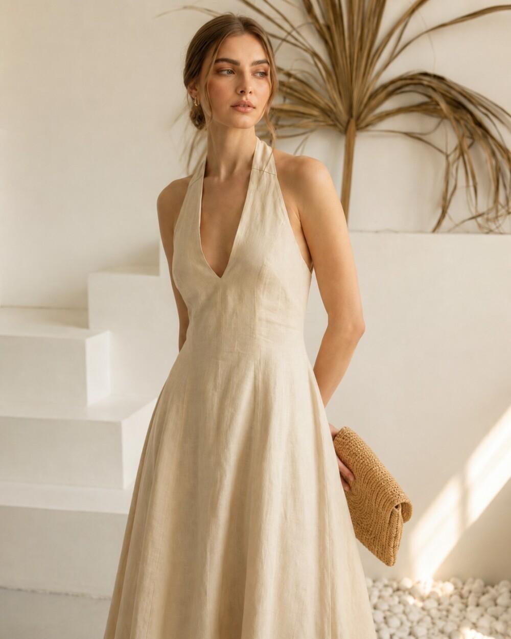 Natural Beige Linen Halter Maxi Dress - Image 2