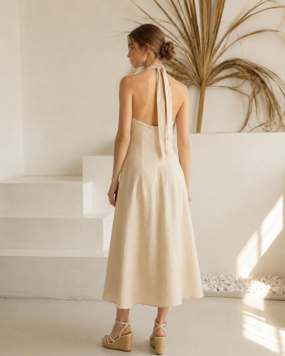 Natural Beige Linen Halter Maxi Dress - Image 3