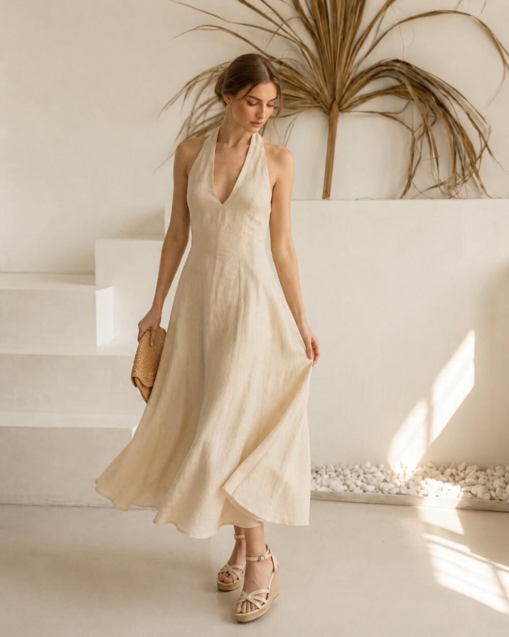 Natural Beige Linen Halter Maxi Dress - Image 5