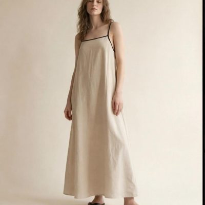 Natural Beige Linen Spaghetti Strap Maxi Dress
