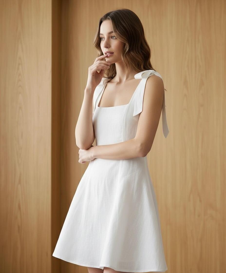 White Linen Tie Shoulder Mini Dress - Image 4