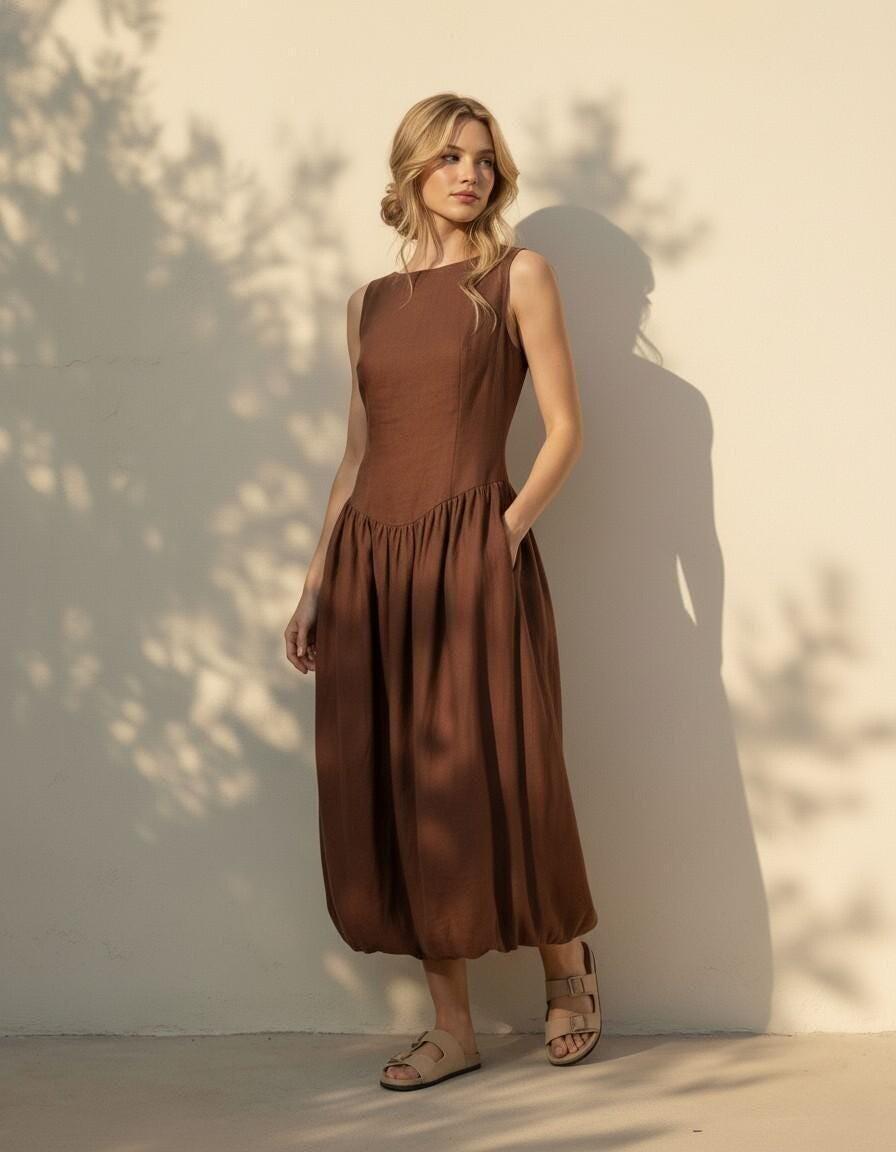 Chocolate Brown Linen Sleeveless Midi Dress