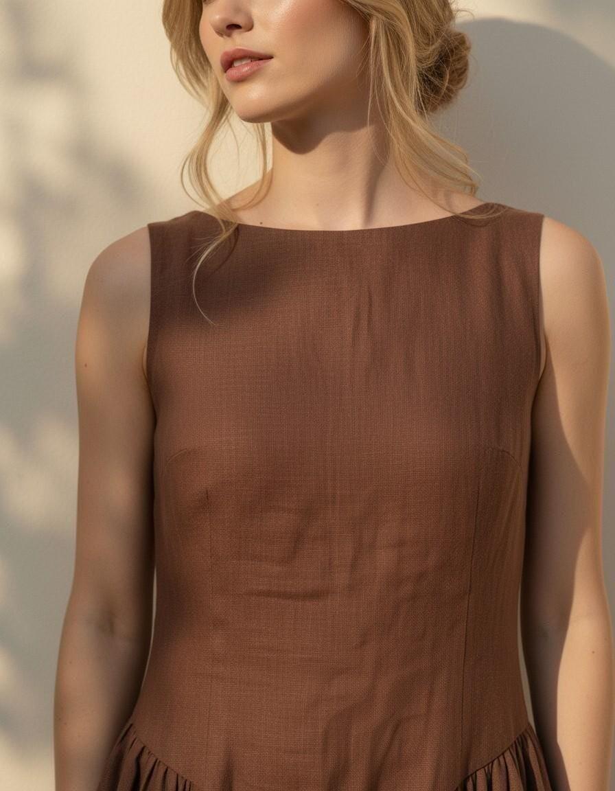 Chocolate Brown Linen Sleeveless Midi Dress - Image 3