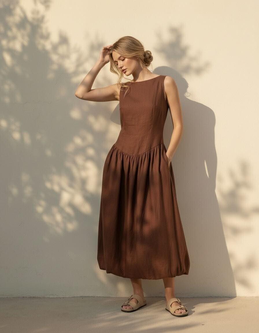 Chocolate Brown Linen Sleeveless Midi Dress - Image 5