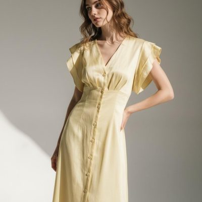 Soft Yellow Linen Button-Front Maxi Dress
