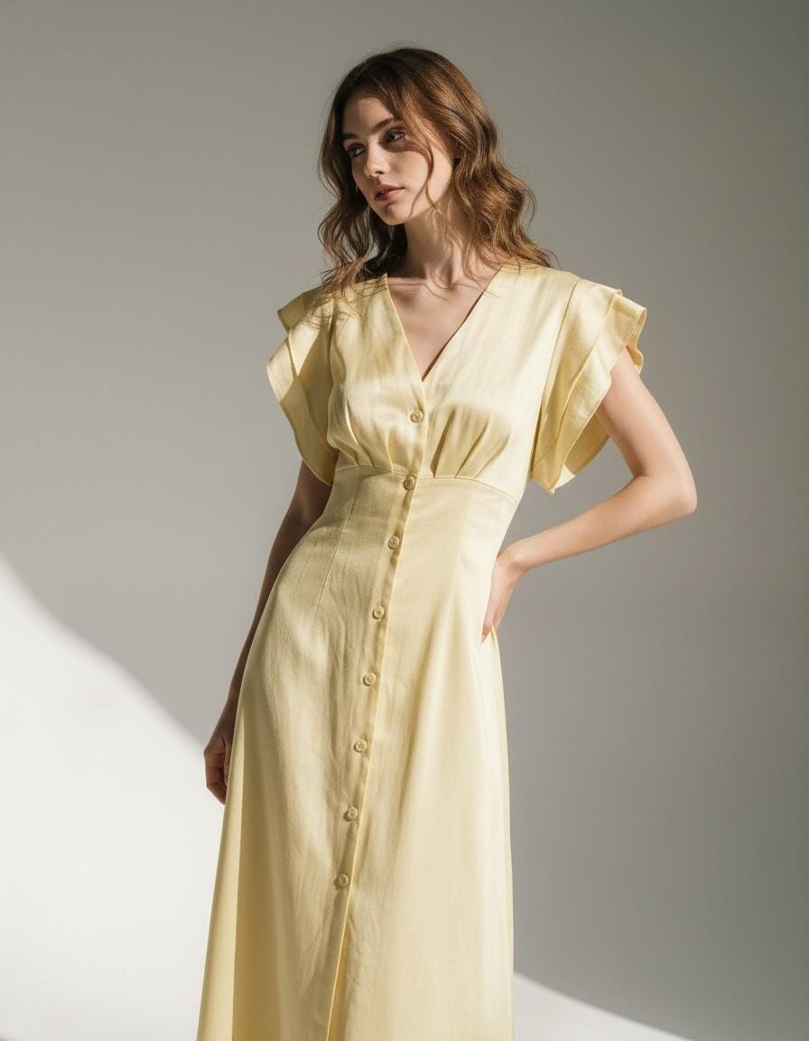 Soft Yellow Linen Button-Front Maxi Dress