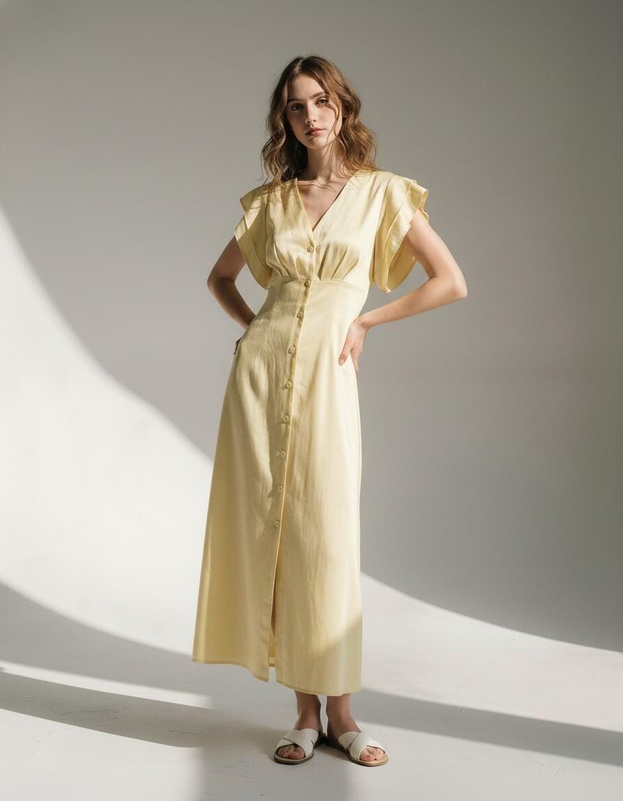 Soft Yellow Linen Button-Front Maxi Dress - Image 2