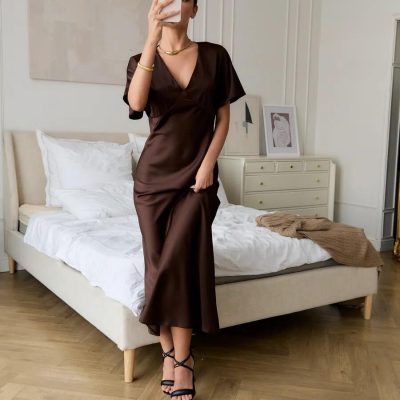 Chocolate Brown Satin Wrap Midi Dress