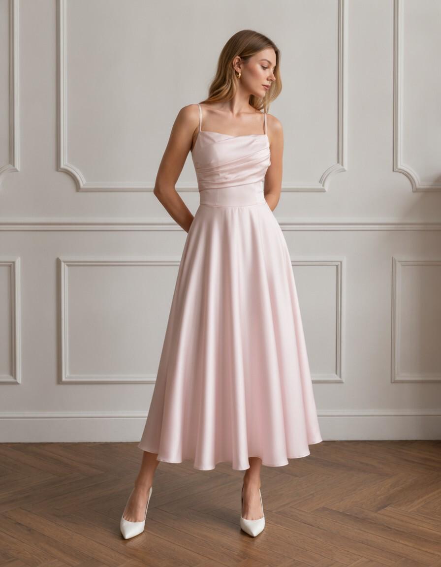 Blush Pink Satin Spaghetti Strap Midi Dress - Image 2