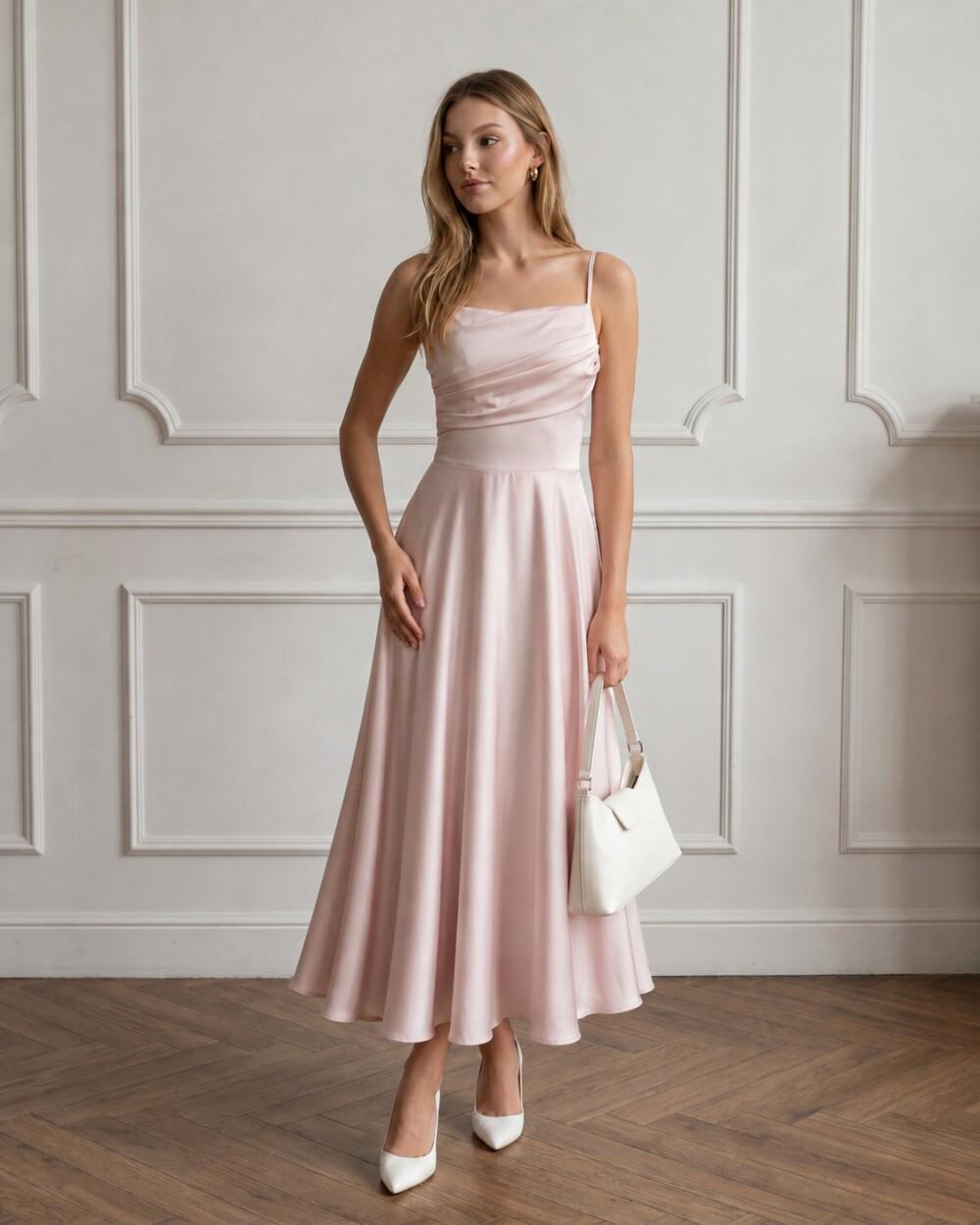 Blush Pink Satin Spaghetti Strap Midi Dress - Image 3