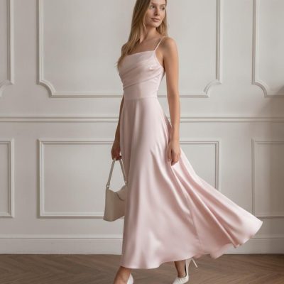 Blush Pink Satin Spaghetti Strap Midi Dress