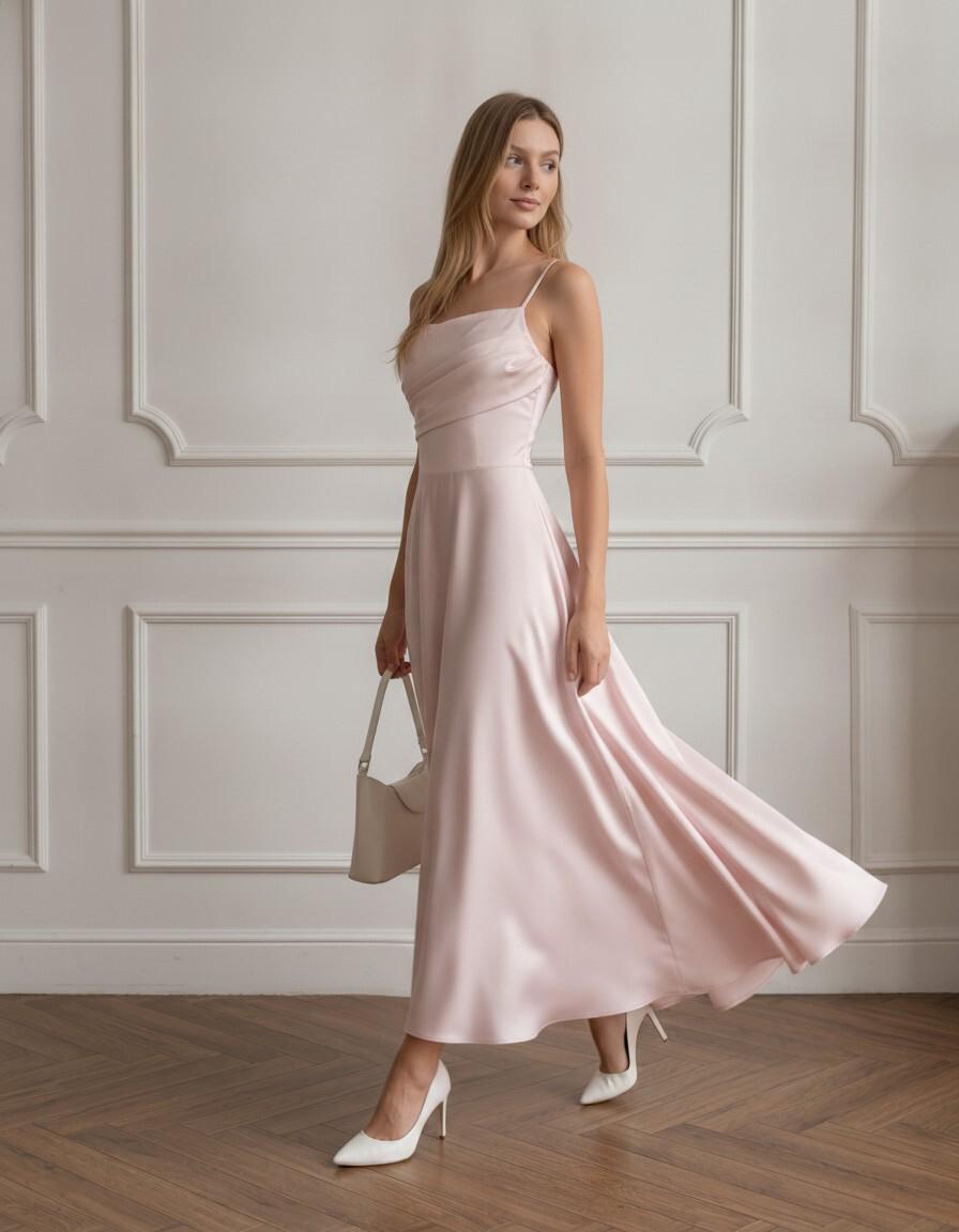Blush Pink Satin Spaghetti Strap Midi Dress