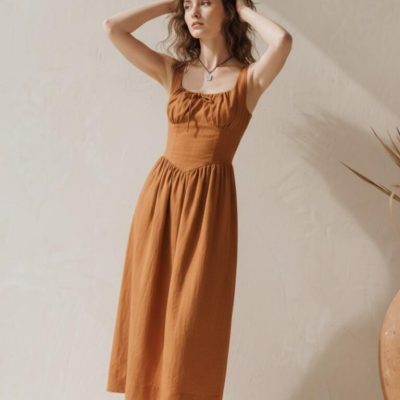 Rust Brown Linen Gathered Bust Midi Dress