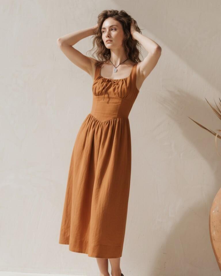 Rust Brown Linen Gathered Bust Midi Dress