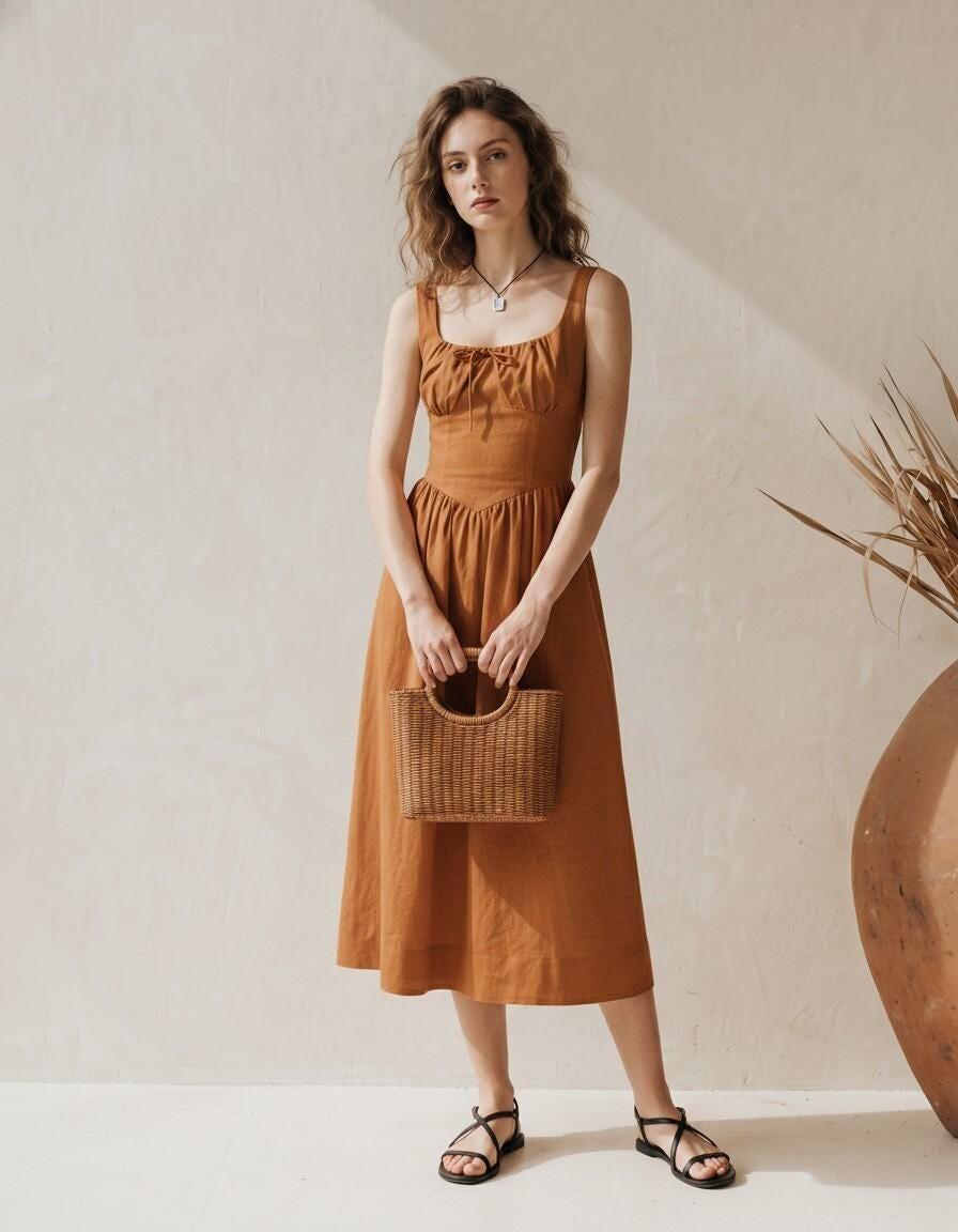 Rust Brown Linen Gathered Bust Midi Dress - Image 2