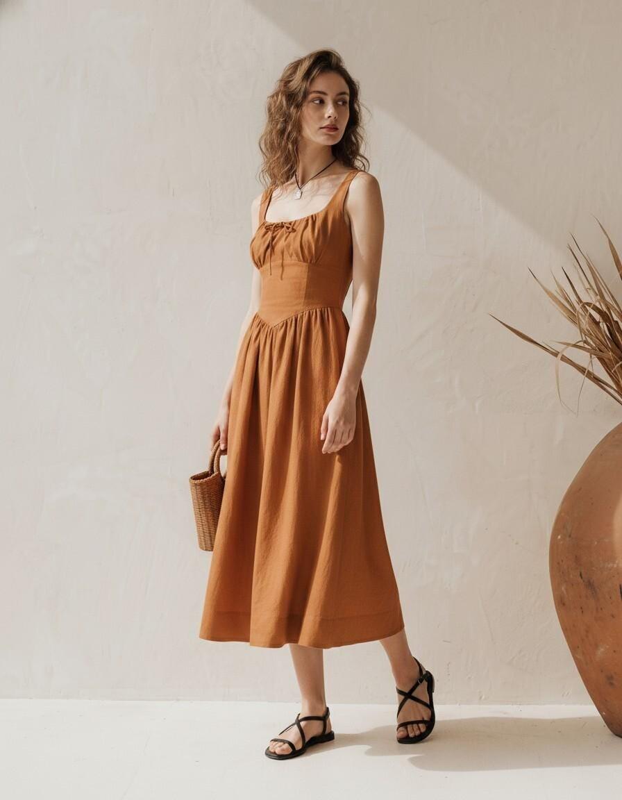 Rust Brown Linen Gathered Bust Midi Dress - Image 3
